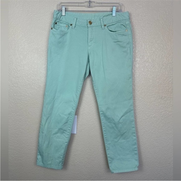 Tory Burch Alexa Cropped Jean Mint Green Goldtone Logo Buttons Size 29 - Picture 3 of 13